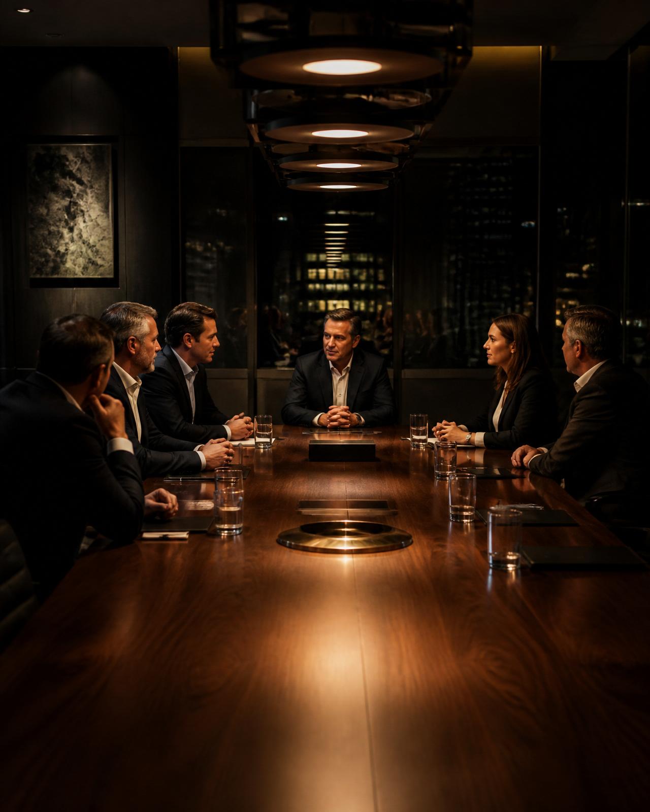 Founders seated around the long walnut table under tungsten light