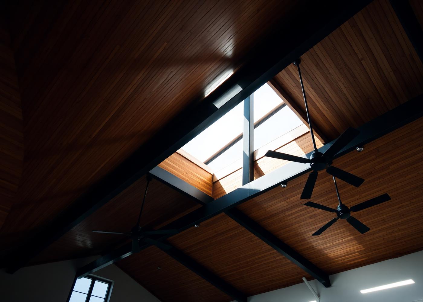 Vaulted wooden ceiling with skylight